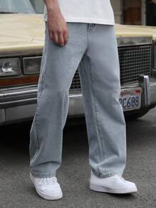 Logeqi® Jeans Vaqueros Lavados Versátil Baggy De Hombre - Azul - Ver 1