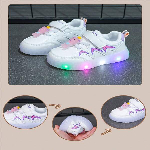1 Pair LED Light Up Girls Shoes, 1 Pair PU Girls Shoes, 1 Pair Baby Girls Shoes, 1 Pair Kids Little White Shoes, 1 Pair Daily Wear Shoes, 1 Pair Cute Casual Shoes, 1 Pair Fashionable Colorful Children Shoes, Size Range 13-18.3cm, Cartoon & Kids Shoes
