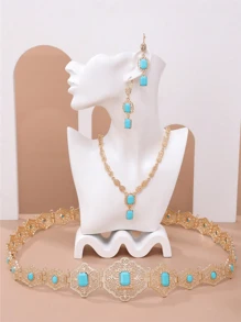 一套珍貴的新娘婚禮珠寶,包括腰鍊、項鍊、耳環、寶石鑲嵌,非常適合摩洛哥女性的日常佩戴和節日裝飾 - 金色 - 查看 3