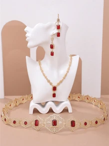 一套珍貴的新娘婚禮珠寶,包括腰鍊、項鍊、耳環、寶石鑲嵌,非常適合摩洛哥女性的日常佩戴和節日裝飾 - 金色 - 查看 4