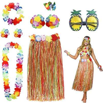 8-częściowy zestaw kostiumów: spódnica hula z trawy hawajskiej, naszyjnik, bransoletka, góra bikini dla kobiet, dekoracja tropikalnego przyjęcia luau, na imprezę halloweenową