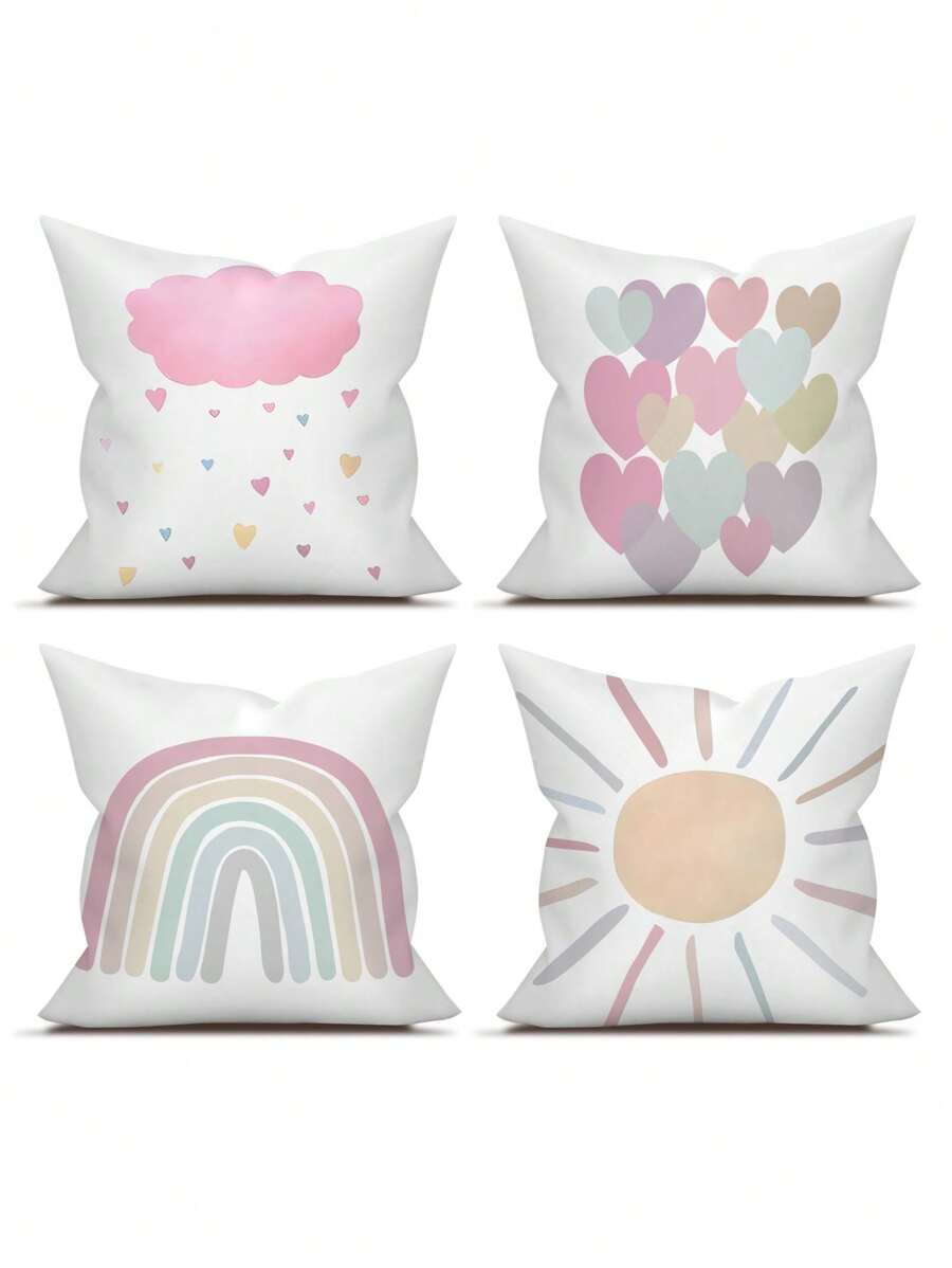 4 Stücke Vintage Regenbogen Sonne Wolke Herzförmige Kissenbezug, minimalistischer quadratischer Illustrations-Kissenbezug für tägliche Hausdekoration, Sofa, Bett Kopf, Lendenwirbelstütze. Kissenkern ausgeschlossen. - Pink - Übersicht 1