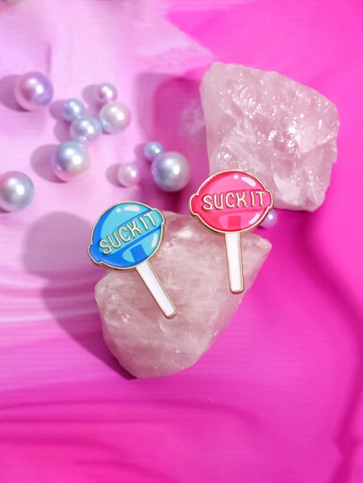 1pc Creative Funny "Suckit" Blue And Pink Lollipop Lapel Pin, Cartoon Badge For Clothes, Backpacks, Fashionable Jewelry Accessory For Men And Women