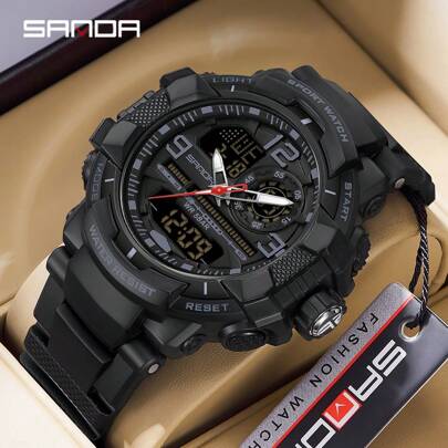  SANDA Men Watch Digital Quartz Dual Time Military Sport Wristwatch Top Brand Luxury Original Multifunction Alarm Date Week Stopwatch Waterproof Male Electronic Clock Gift 6130