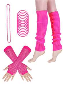 D EXCEED 2/4 件女式 80 年代复古服装配饰套装，包括霓虹手镯、串珠亚克力项链、渔网手套和暖腿套，适合 80 年代主题派对、夜总会活动、万圣节、情人节、狂欢节、复活节 - 多色 - 查看 14