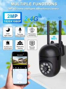 Teruhal 1 个 1080P 高清 WiFi 无线安全摄像头，200MP 全彩超清视频，APP 远程控制旋转，自动人体跟踪，室内/室外，夜视，运动检测，双向音频，警报器警报，数码变焦，PTZ 355° 全景家庭安全 IP 监视器，适用于智能家居监控 - 黑色 - 查看 1