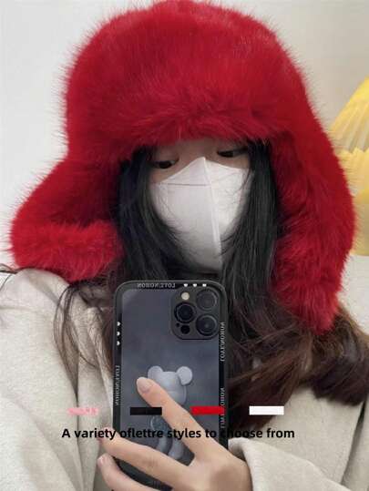 1 pieza Gorro de fieltro cálido de unicolor con orejeras antiventoso, gorro de cubo de peluche grueso para invierno, Día de San Valentín