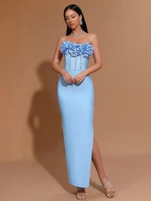 Modphy 2024秋冬新款纯色露肩立体花朵镶钻开叉性感聚会紧身绷带连衣裙优雅女式正式晚宴礼服 - 淺藍色 - 查看 2