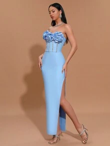 Modphy 2024秋冬新款纯色露肩立体花朵镶钻开叉性感聚会紧身绷带连衣裙优雅女式正式晚宴礼服 - 淺藍色 - 查看 6