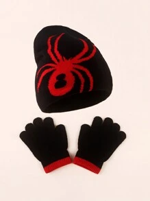 2 件套儿童万圣节蜘蛛针织帽和手套套装，男女通用 - 紅色 - 查看 2