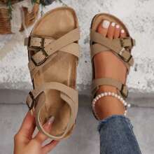 Womens Comfortable Strappy Slip-On Modern Memory Foam Cushion Footbed Outdoor Adjustable Buckle Cork Footbed Slides For Sandals