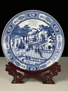 1 pieza Plato de cerámica de estilo chino con patrón de porcelana azul y blanca, plato decorativo con soporte para el hogar - Multicolor - Ver 2