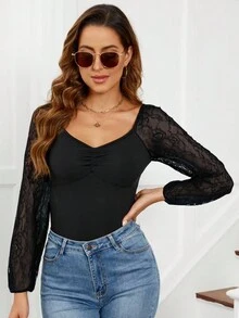 Body de encaje sexy con escote pronunciado en forma de corazón y manga larga para dama - Negro - Ver 1