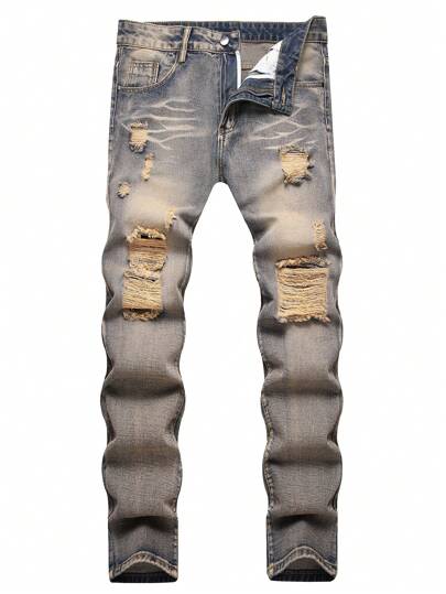 Jeans rectos con ajuste slim y efecto rasgado de estilo retro para hombres