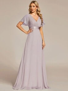 Elegant V-Neck Ruffle Butterfly Sleeve Lavender Bridesmaid Dress, Wedding Guest Dress For Spring Semi-Formal Occasions, Suitable For Wedding, Birthday Party, Graduation, Valentine's Day - Mauve Purple - View 4