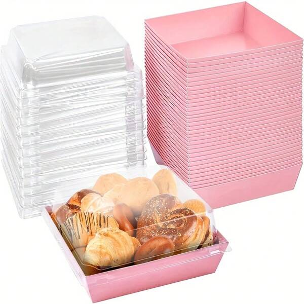 50pcs Paper Charcuterie Boxes With Clear Secure Lids, Square Dessert Containers Pink Bakery Boxes For Strawberries, Cookies, Cake Slice, Brownies And Cinnamon Rolls, Kitchen Accessories Baking Supplies Kitchen Organization And Storage,