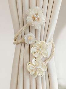 1 pieza/2 piezas Tela con estampado floral para cortinas, blanco/champán, almacenaje de cortinas y pantallas, accesorios para tratamiento de ventanas, ideal para decoración del hogar - Multicolor - Ver 1