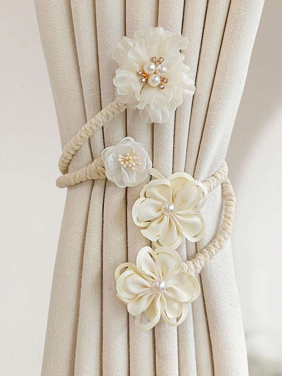1 pieza/2 piezas Tela con estampado floral para cortinas, blanco/champán, almacenaje de cortinas y pantallas, accesorios para tratamiento de ventanas, ideal para decoración del hogar - Multicolor - Ver 1