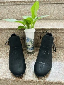 女性時尚空心背帶楔型跟多功能透氣靴 - 黑色 - 查看 5