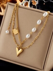 1 chiếc dây chuyền mặt dây chuyền hình trái tim đính ngọc trai nhiều lớp bằng thép không gỉ mạ vàng. - Nhiều màu - Xem 1