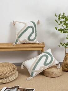 1pc/2pcs Geometric Line Pattern Plush Embroidered Decorative Pillow Cover, Cotton Twill Fabric, Nordic Style With Tassels, Suitable For Room, Living Room Sofa, Waist Cushion, Holiday, Birthday, Party, All Seasons, Without Filler, 30*50cm, 45*45cm