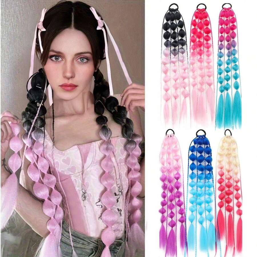 1 件 60 厘米马尾假发女式渐变泡泡扭辫性感女孩双马尾角色扮演派对夏季、狂欢节圣诞音乐节