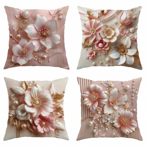 4pcs Velvet Throw Pillow Covers Floral Pearl Pink White Gold Luxury 3D Decorative Pillowcases18in*18in For Living Room Bedroom Sofa Bed Decoration Without Pillow Inserts