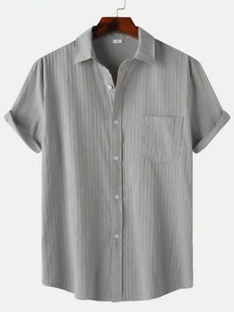 Men's Solid Color Striped Short Sleeve Shirt, Summer