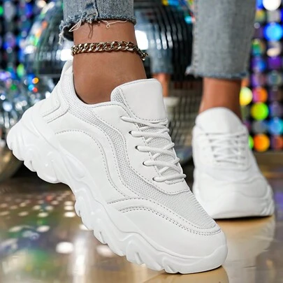 女士时尚透气休闲鞋，低帮运动鞋，圆头，厚底，系带闭合，学生跑步鞋