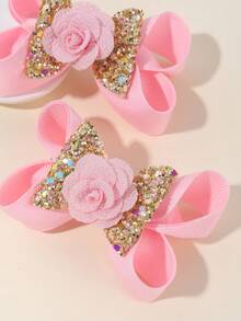 2 Chiếc Nơ Tóc Màu Hồng Cho Bé Gái, Nơ Tóc Glod Lấp Lánh Cho Trẻ Em, Barrette Vải Dễ Thương, Kẹp Tóc Hình Hoa Trang Trí Cho Thanh Thiếu Niên Phụ Kiện Tóc Trẻ Em - Hồng - Xem 4