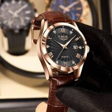 LIGE Đồng hồ thạch anh mới Đồng hồ sang trọng Đồng hồ nam mặt tròn kim chỉ ngày thời trang thông thường - màu nâu - Xem 2