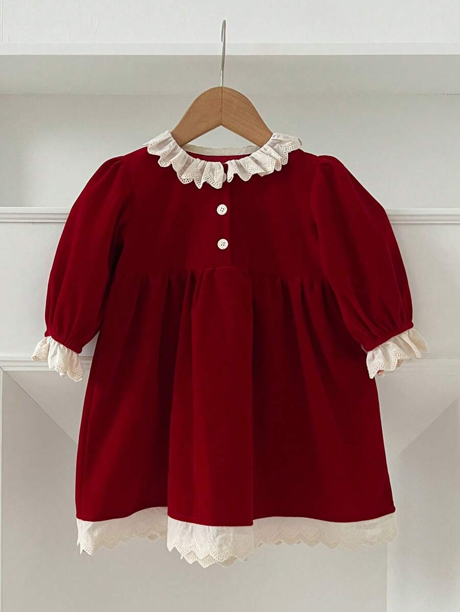 Young Girl Contrast Ruffle Trim Flounce Sleeve Dress