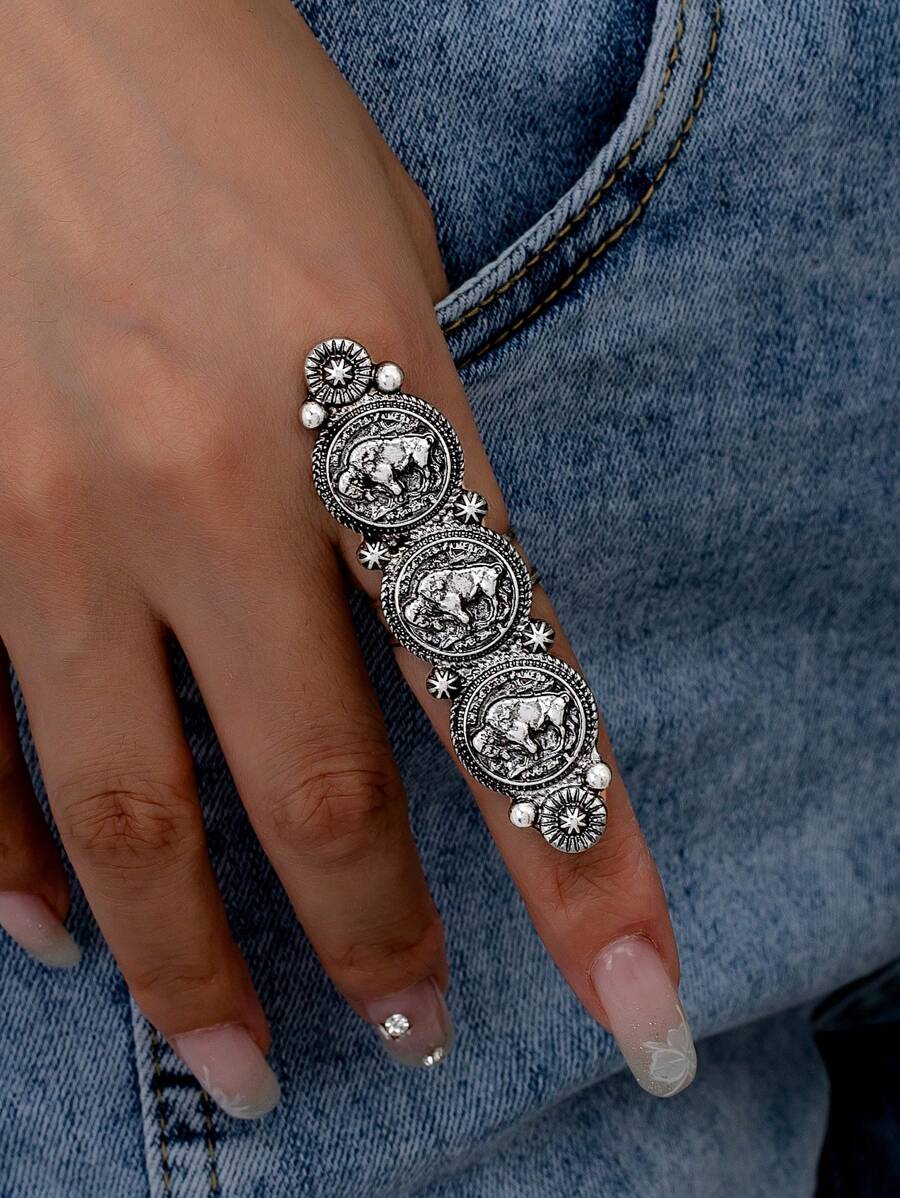1 Pc Western Vintage Statement Ring For Women Chunky Rings Western Jewelry - Antique Silver - View 1