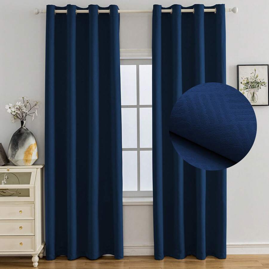 YSTYLE Rèm cản sáng nội thất 2 mảnh, Rèm phòng ngủ cách nhiệt có nhẫn, Rèm phòng khách cách âm, Rèm cách nhiệt lạnh ấm - Màu xanh lam - Xem 1