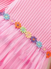 Vestido de manga larga con cuello redondo acanalado, volantes y superposición de malla con corazón, color rosa, adecuado para fiesta de cumpleaños de niñas - Rosa - Ver 6