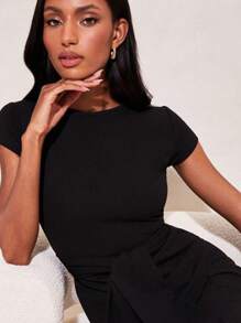 Vestido ajustado unicolor con nudo lateral - Negro - Ver 3