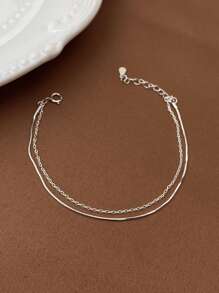 1pc Simple S925 Sterling Silver Double Layer Chain Bracelet Fine Jewelry Gift For Women - Double Layer Bracelet - View 2