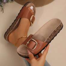 Summer Beach Essentials , Big Buckle Sandals Women - Stylish And Comfortable Women's Sandals Women's Slide Sandals With Memory Cork Footbeds. - Brown - View 3