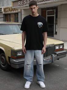 Logeqi® Jeans Vaquero Azul Negro Versátil Ripped Baggy Para Hombre - Azul - Ver 5