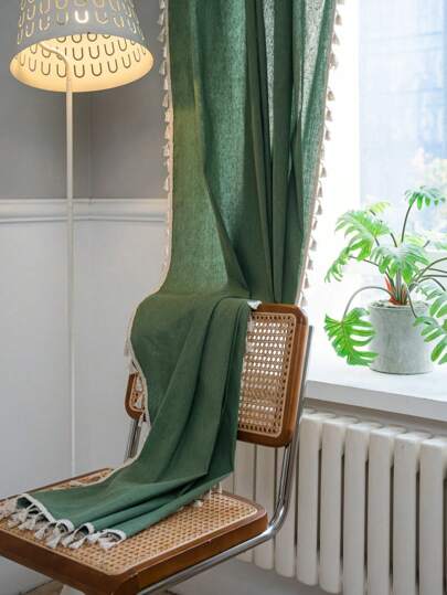 Tokoto 1 rèm che nắng màu xanh lá cây, rèm cửa trang trí tua rua màu be theo phong cách Bohemian, thích hợp cho phòng khách, phòng ngủ, cửa sổ hình vòm, phòng ăn, nhà bếp, khách sạn, đám cưới, lễ hội, mọi mùa