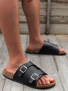 Fashion Buckle Strap Soft Cork Slippers, Summer Casual Beach Sandals, Unisex - Black - View 2