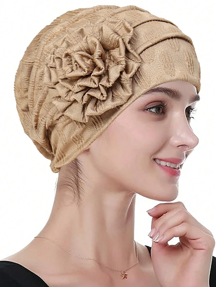 1pc New Solid Color Floral Side Patch Headscarf, Muslim Turban Hat - A - View 1