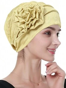 1pc New Solid Color Floral Side Patch Headscarf, Muslim Turban Hat - A - View 9