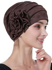 1pc New Solid Color Floral Side Patch Headscarf, Muslim Turban Hat - A - View 10