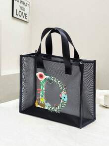 大容量时尚网眼手提包, 刻字装饰网眼包, 沙滩包, 沙滩包, 适合海滩度假收纳购物, 刻字花卉图案自然元素老师答谢礼物, 女士大容量手提包, 暑假包, 旅行必备, 字母印花时尚教师手提包, 学校礼物, 婚礼节日礼品袋, 派对包礼品袋, - 黑色 - 查看 23