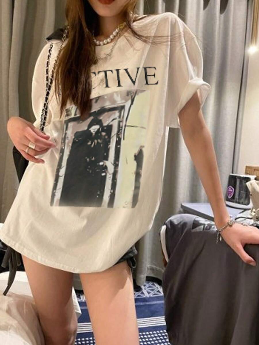 Camiseta de mujer de verano con cuello redondo y hombros caídos con estampado de letras - Albaricoque - Ver 1
