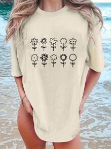 Camiseta informal elegante de poliéster para mujer, de manga corta, cuello redondo, dobladillo regular y detalle de estampado floral. - Albaricoque - Ver 4