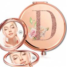 女士金属放大化妆镜折叠双面化妆镜便携式手持镜可放口袋钱包适合户外旅行姓名首字母 26 个字母图案适合情人节母亲节礼物 - 金色 - 查看 29