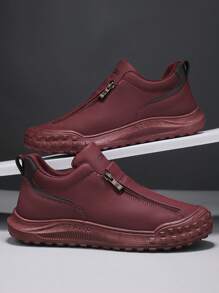 Men's Casual Sports Shoes, Outdoor Leather Shoes, Fashionable Zipper Low-Top Ankle Boots, Waterproof Leather Boots, Casual Loafers, Waterproof Non-Slip Sneakers, Fashion Thick-Soled Elevator Shoes, Retro Distressed Color Zipper Personalized Casual Leather Shoes - Burgundy - View 2
