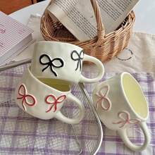 1pc Embossed Bow Ceramic Mug, Suitable For Daily Use Cup For Coffee, Milk, Juice, Breakfast